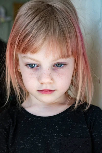 Small Blonde Freckles Her Face Makes Face Front Camera Close Stock Photo