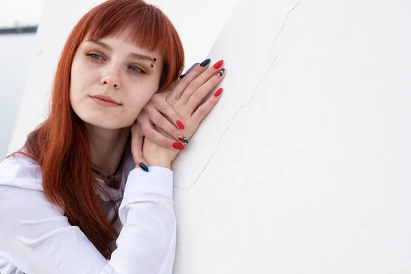 Red Haired Girl White Shirt Harness — Stock Photo, Image