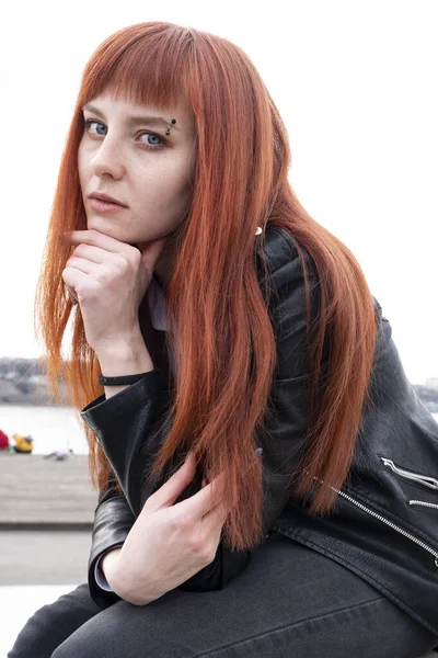 Red Haired Young Girl White Shirt Leather Jacket — Stock Photo, Image