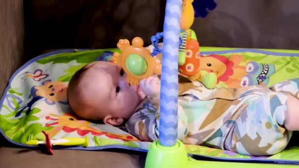 Small Child Lies Bed Plays Rattles — Stock Video