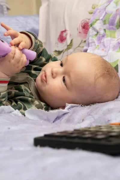 Infant Playing Calculator Modern Children Modern Toys — Stock Photo, Image