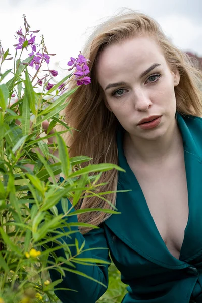 Chica Joven Campo Entre Flores Silvestres —  Fotos de Stock