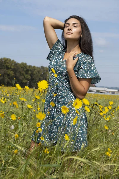 Mooie Slanke Brunette Poseren Een Veld Tussen Wilde Bloemen Oren — Stockfoto