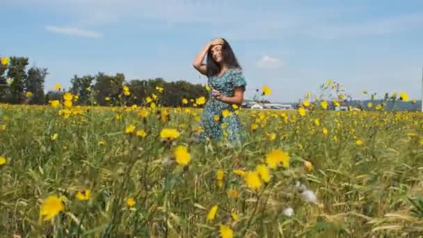 Vacker Smal Brunett Poserar Ett Fält Bland Vilda Blommor Och — Stockvideo