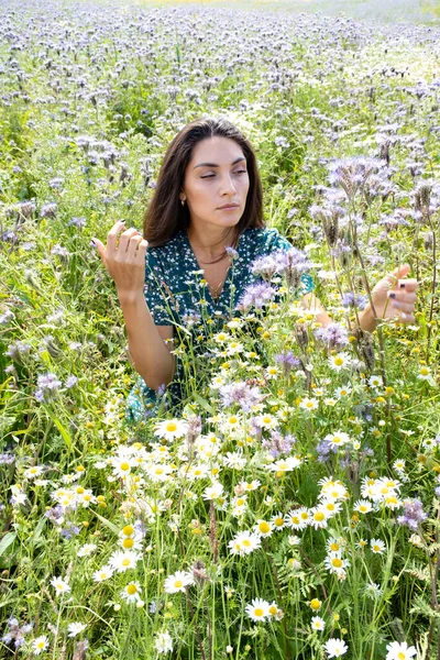 Young Girl Field Collects Wildflowers — Stock Photo, Image