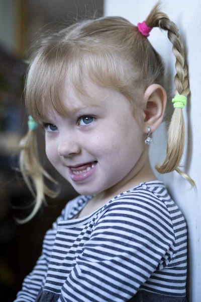 Little Emotional Girl Freckles Pigtails Close Portrait — 스톡 사진