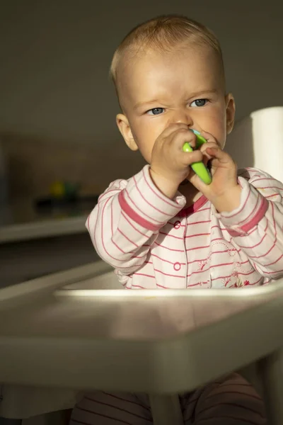 Küçük Çocuk Bebek Beslenme Koltuğunda Oturuyor — Stok fotoğraf