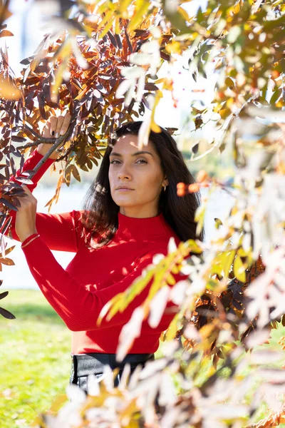 Junges Mädchen Posiert Vor Dem Hintergrund Der Herbstlichen Natur — Stockfoto