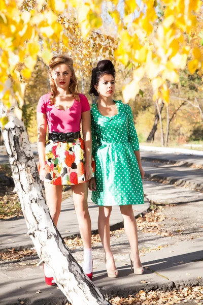 Two girls on the background of bright autumn leaves of birch — Stock Photo, Image