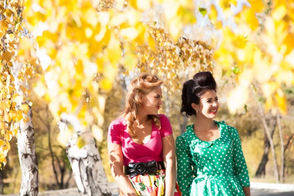 Two girls on the background of bright autumn leaves of birch — Stock Photo, Image