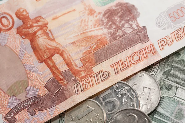 Russian rubles, coins and banknotes — Stock Photo, Image