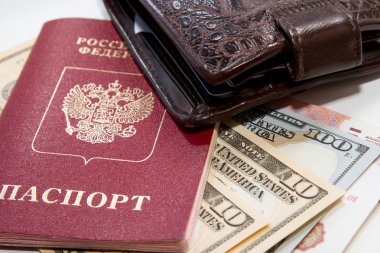 Rus pasaportu, cüzdan, ruble ve dolar