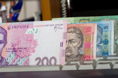 Bilgisayar klavyesindeki Ukraynalı hryvnia. Elektronik ödemeler kavramı