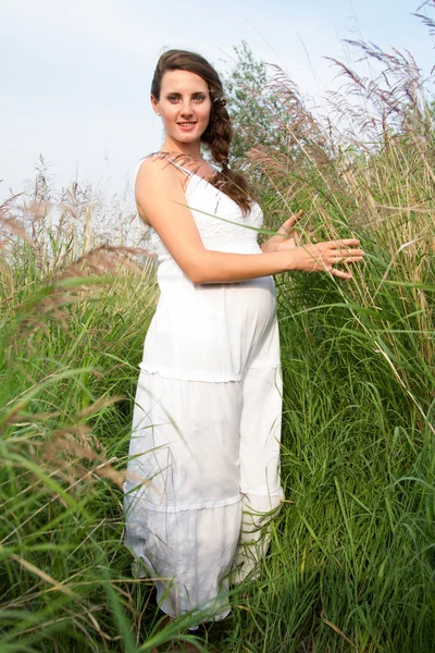 Zwangere vrouw onder het hoge gras — Stockfoto