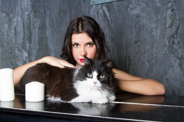 Girl with a cat at the piano — Stock Photo, Image