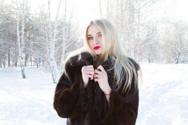 Vizon kürk orman karla kaplı bir arka plan üzerinde genç kız