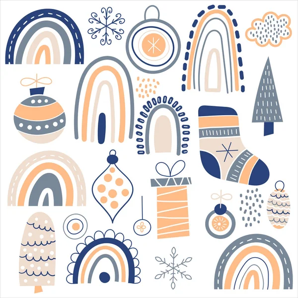 おもちゃ モミの木 靴下などのベクトルクリスマスパターン 素朴なスキャンディナヴィア風の料理 デザイン要素セット — ストックベクタ