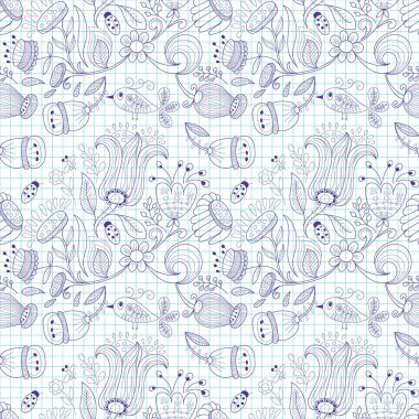 Notebok 'ta Vektörsüz Desen Çizildi. Çiçekler ve Böceklerle Yaz Arkaplanı