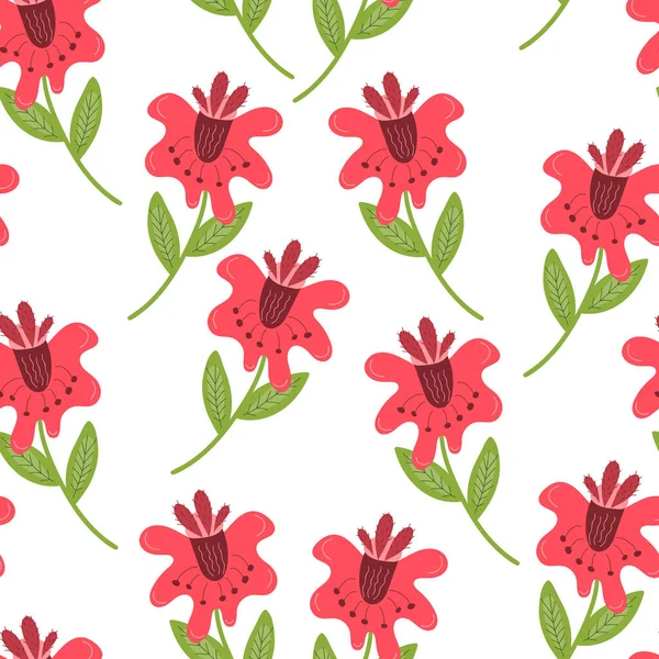 Vector Seamless Pattern Red Flowers Retro Style Summer Background — Stock Vector