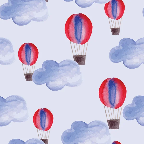 Aquarel wolken en lucht ballonnen patroon — Stockvector