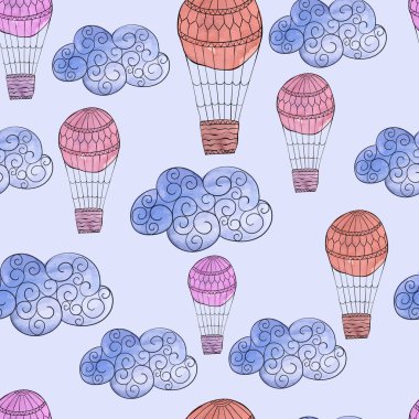 Sulu Boya bulutlar ve hava balonları ile desen