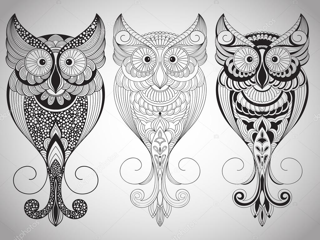 Owls in black and white colors