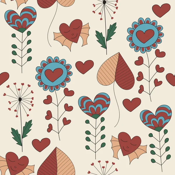 Childish Seamless Pattern with  plants and hearts — Stock Vector