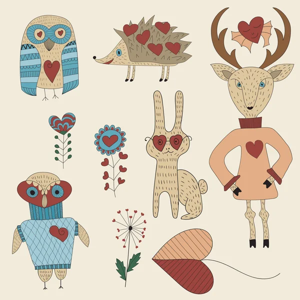 День святого Валентина Комплект с животными и растениями — стоковый вектор