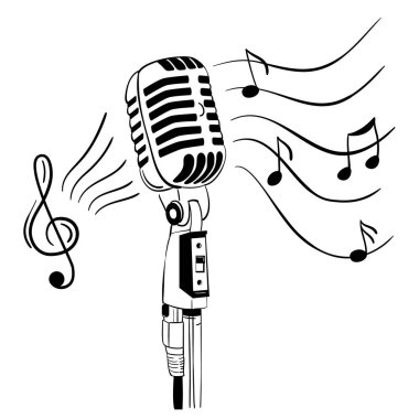 Mikrofonlu müzik notaları. Anahtarlar, notalar ve notalar. Siyah beyaz müzik illüstrasyonu. Melodisi olan sesli bir mikrofon..