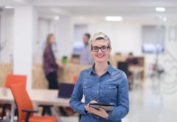 Retrato de la joven mujer de negocios en la oficina con el equipo — Foto de Stock