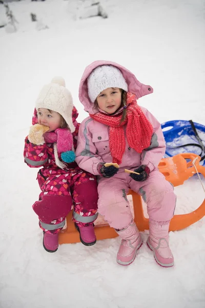 Due bambine sedute insieme su slitte — Foto Stock