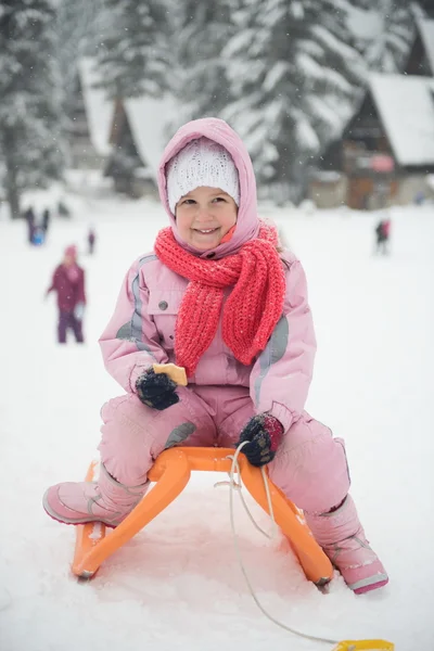 Little girl sitting on sledges — Stock Photo, Image