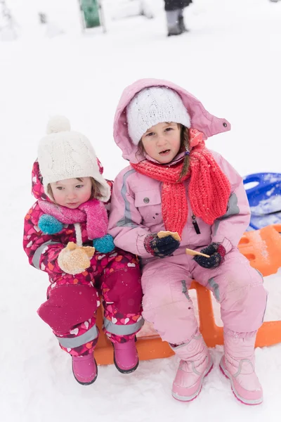 Porträt zweier kleiner Mädchen, die zusammen auf Schlitten sitzen — Stockfoto