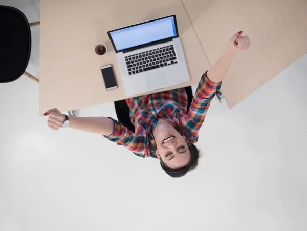 Vista dall'alto della giovane donna d'affari che lavora sul computer portatile — Foto Stock
