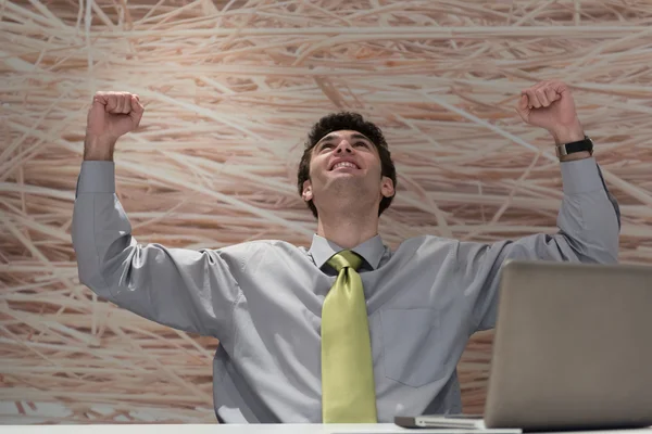 Jeune homme d'affaires travaillant sur ordinateur portable au bureau moderne — Photo