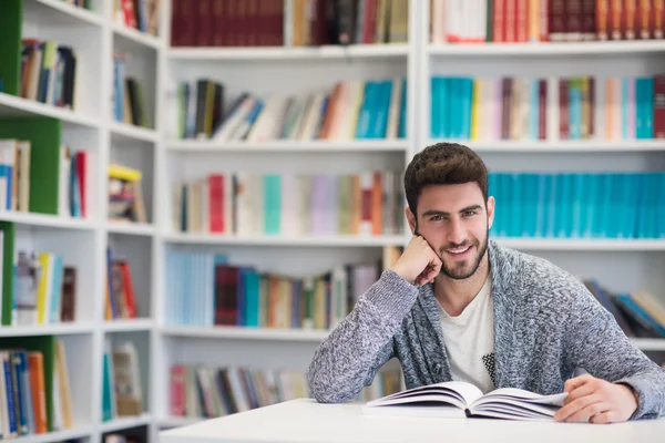 Ritratto dello studente mentre legge il libro nella biblioteca scolastica — Foto Stock