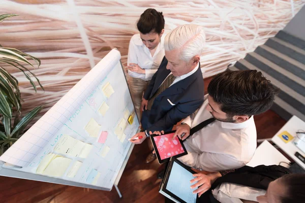 Mensen uit het bedrijfsleven groep brainstormen en het maken van notities te flipboar — Stockfoto