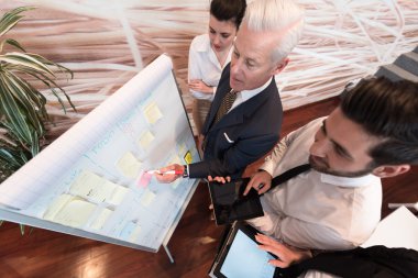 iş adamları grup beyin fırtınası ve flipboar için not alma