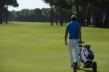 Tekerlekli çanta ile yürüyüş golf oyuncu