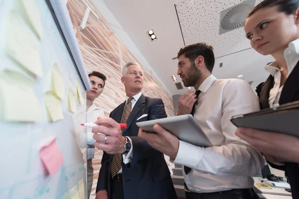 Mensen uit het bedrijfsleven groep brainstormen en het maken van notities te flipboar — Stockfoto