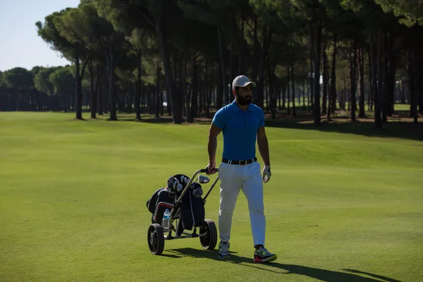 Tekerlekli çanta ile yürüyüş golf oyuncu — Stok fotoğraf