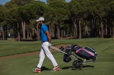 Tekerlekli çanta ile yürüyüş golf oyuncu