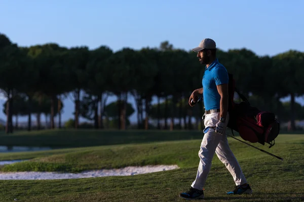 Golfista andando e carregando saco de golfe ao pôr do sol bonito — Fotografia de Stock