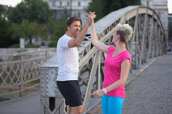 Couple congratulate and happy to finish — Stock Photo, Image