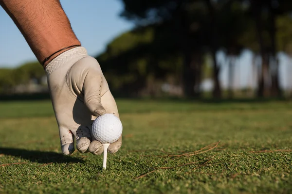 Close up de jogadores de golfe mão colocando bola no tee — Fotografia de Stock