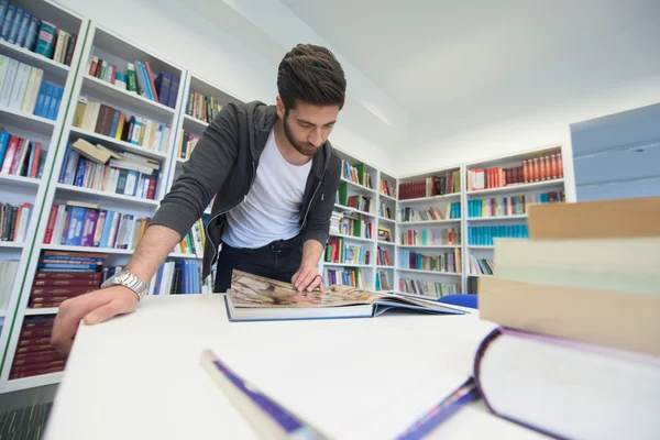 Studente studia nella biblioteca scolastica — Foto Stock