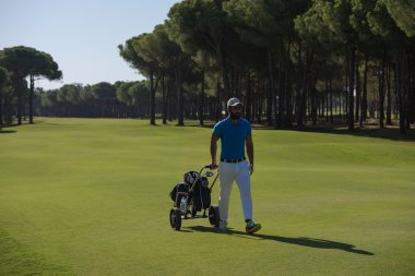 Tekerlekli çanta ile yürüyüş golf oyuncu