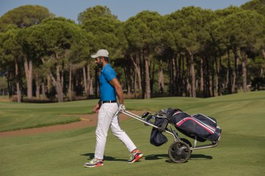 Tekerlekli çanta ile yürüyüş golf oyuncu