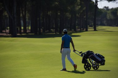 Tekerlekli çanta ile yürüyüş golf oyuncu