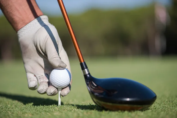Giocatore di golf mettendo palla sul tee — Foto Stock